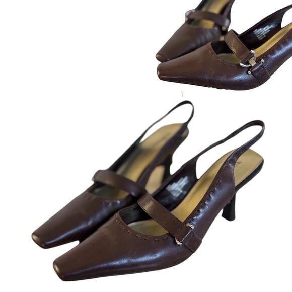 Y2K VTG. BROWN LEATHER SLINGBACK BUCKLE  POINTED TOE HEELS PUMPS 8.5 WORTHINGTON - Picture 3 of 7